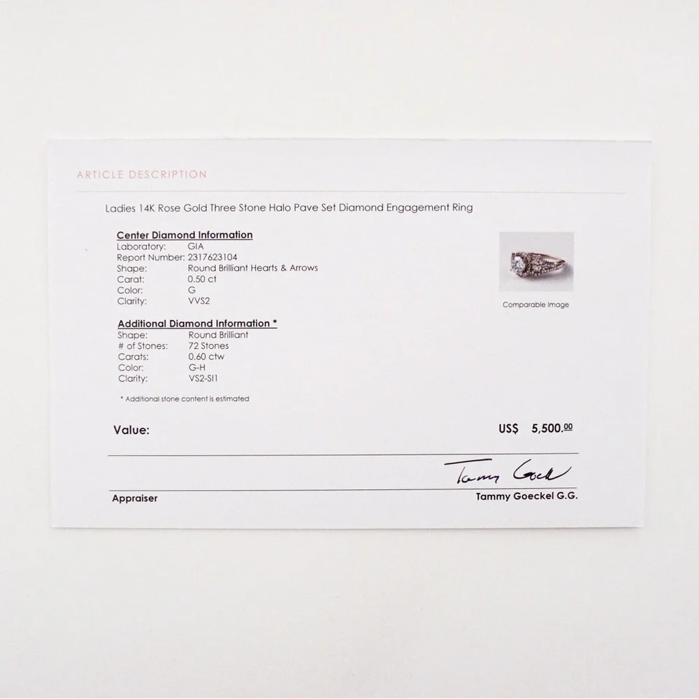 Rose Gold 14K Three Stone Diamond Halo Pave Engagement Ring Wedding Band Set - Picture 12 of 13